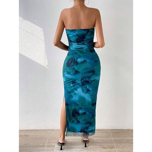 Printed Strapless Bodycon Side Slit Mesh Layered Dress, sz xs, 4H-143D017 - Picture 2 of 2